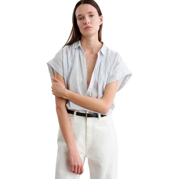 Nili Lotan Normandy Shirt Tunic Top Striped Printed Cotton Oversized XS 283742 - Picture 2 of 9